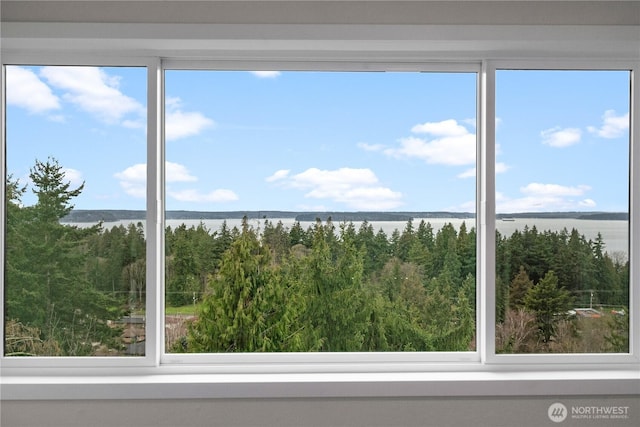 unfurnished sunroom with a forest view and a water view