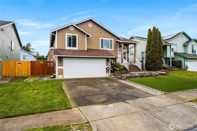 view of front of house featuring aphalt driveway, fence, roof with shingles, a front yard, and a garage