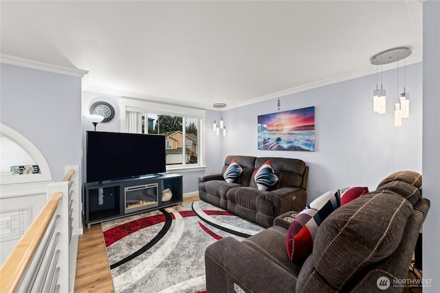 living area with ornamental molding and wood finished floors