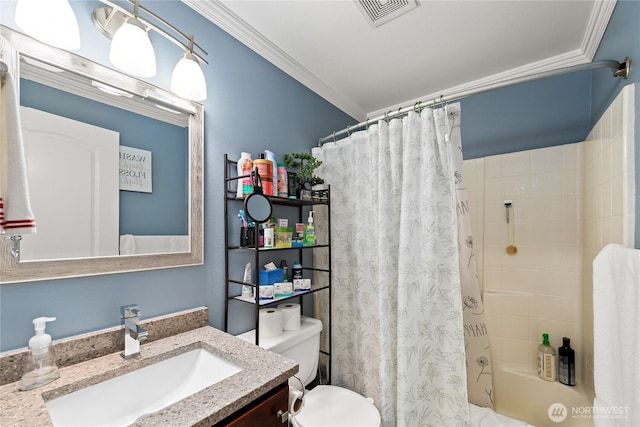 full bath featuring visible vents, toilet, ornamental molding, and vanity