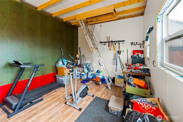 exercise area featuring wood finished floors