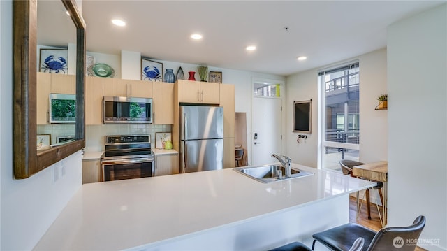 kitchen featuring light countertops, backsplash, appliances with stainless steel finishes, and a sink