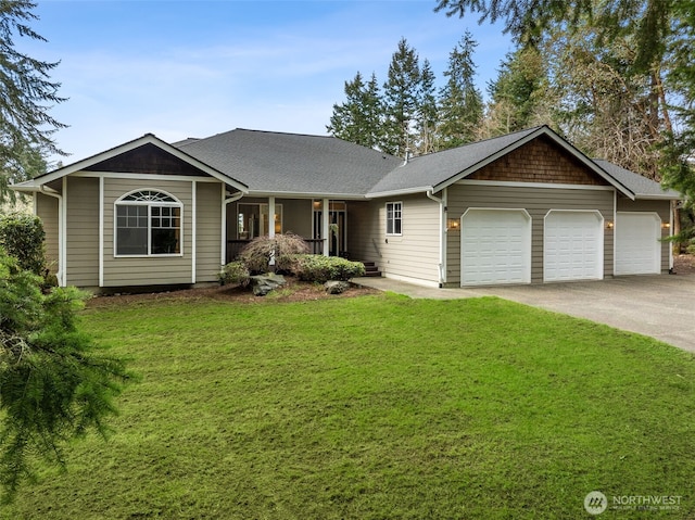 ranch-style house featuring a garage, driveway, a front lawn, and a shingled roof