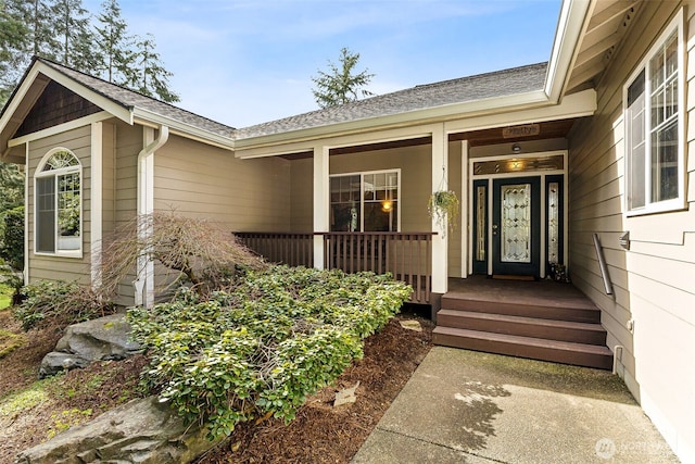 view of exterior entry featuring a porch and roof with shingles