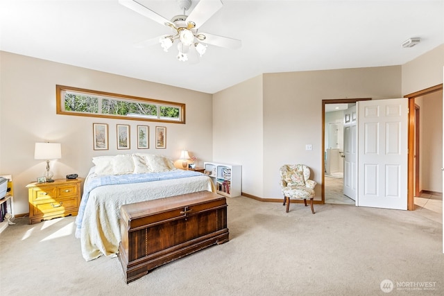 carpeted bedroom featuring baseboards and ceiling fan