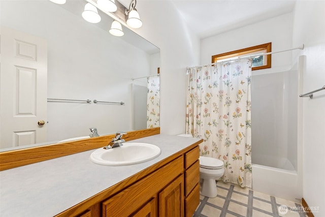 bathroom featuring vanity, tile patterned floors, toilet, and shower / bath combo