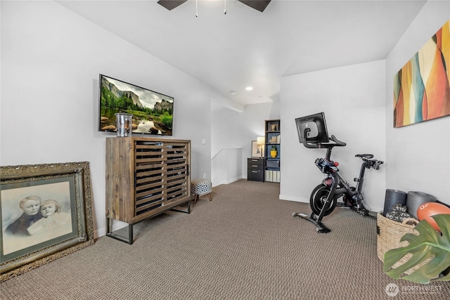 workout area featuring recessed lighting, baseboards, carpet, and ceiling fan