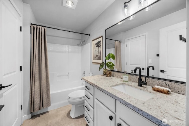 bathroom with shower / bathtub combination with curtain, toilet, and vanity