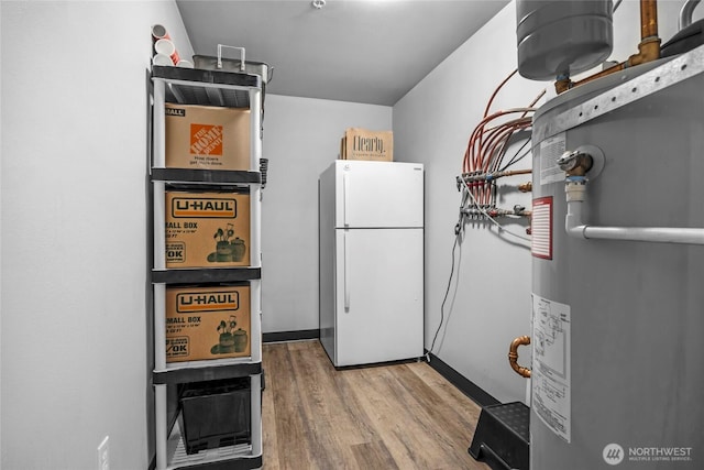 interior space featuring gas water heater, wood finished floors, and freestanding refrigerator