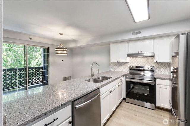 kitchen with visible vents, under cabinet range hood, appliances with stainless steel finishes, white cabinets, and a sink