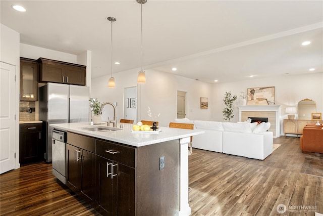 kitchen featuring dark wood-style flooring, a lit fireplace, a sink, stainless steel dishwasher, and open floor plan