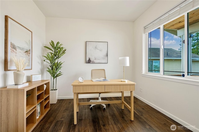 home office with baseboards and dark wood-style flooring