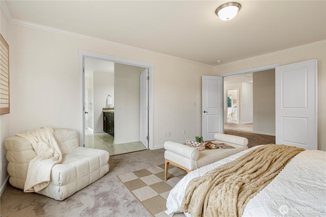 bedroom featuring connected bathroom, baseboards, light carpet, and ornamental molding