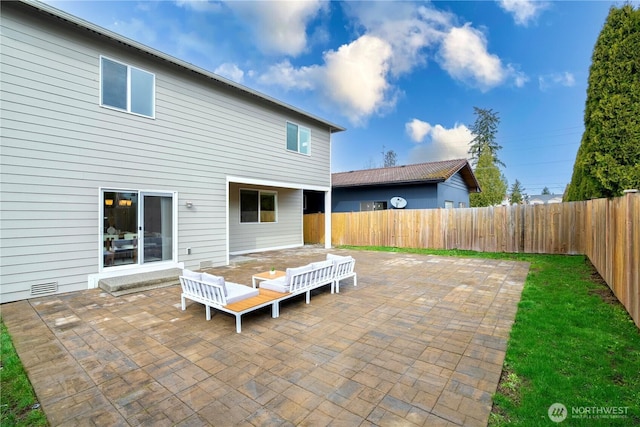 view of patio / terrace featuring a fenced backyard and visible vents