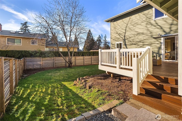 view of yard featuring a fenced backyard and a wooden deck