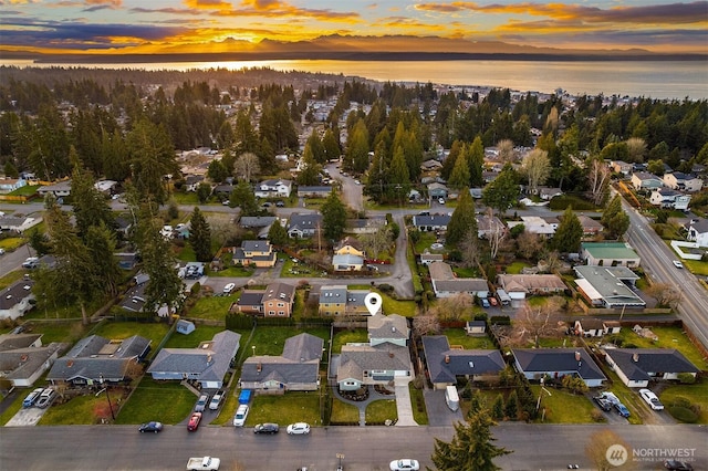 drone / aerial view with a residential view and a water view