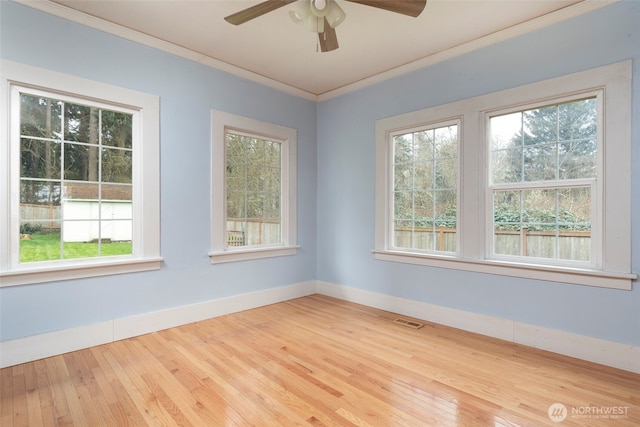 spare room featuring hardwood / wood-style floors, a ceiling fan, visible vents, and ornamental molding