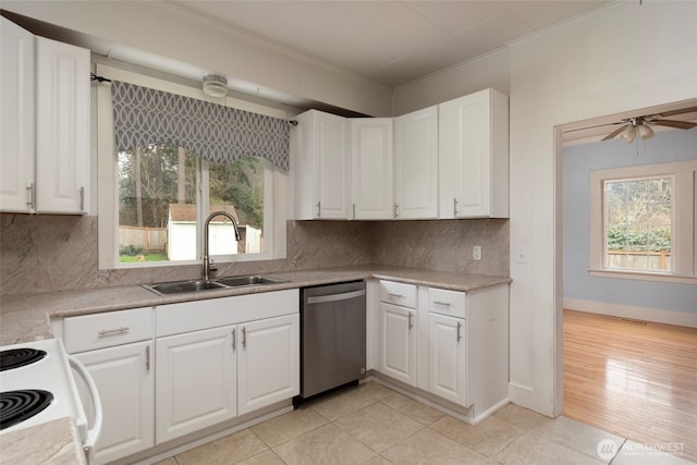 kitchen with ornamental molding, electric stove, a sink, backsplash, and dishwasher