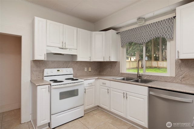 kitchen with white range with electric cooktop, ornamental molding, a sink, under cabinet range hood, and dishwasher