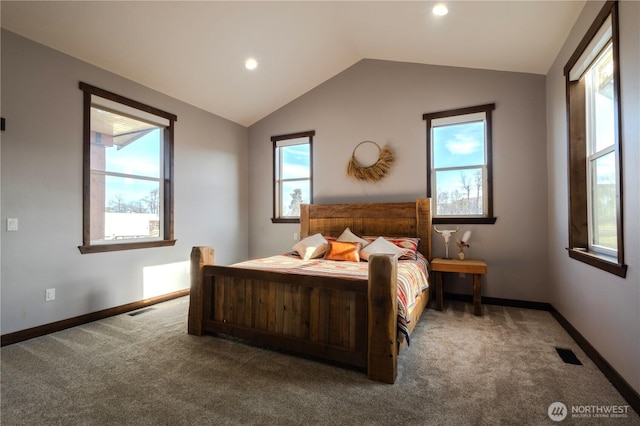 bedroom with visible vents, carpet, and lofted ceiling