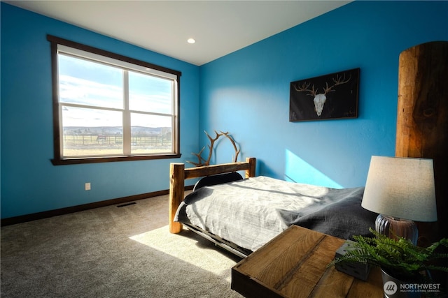bedroom featuring recessed lighting, visible vents, baseboards, and carpet floors