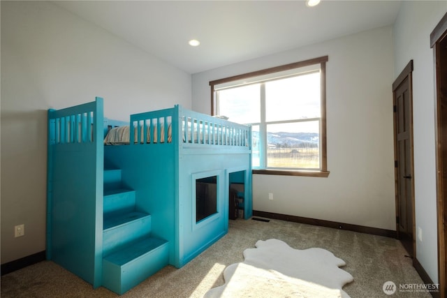bedroom with recessed lighting, carpet, visible vents, and baseboards