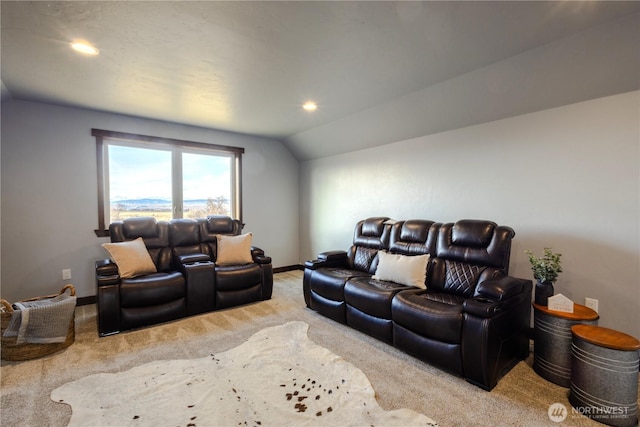 living room featuring baseboards, recessed lighting, carpet flooring, and vaulted ceiling