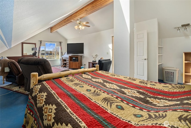 bedroom featuring ceiling fan, lofted ceiling with beams, and carpet