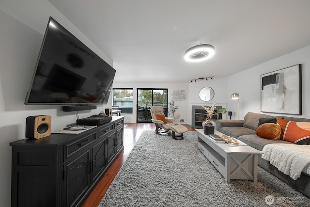 living room with a glass covered fireplace and dark wood-style flooring