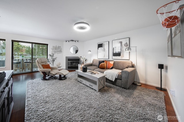 living room featuring baseboards, a fireplace with flush hearth, and dark wood-type flooring