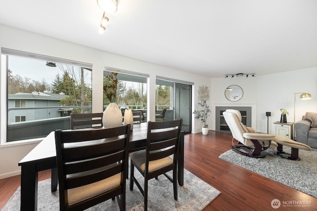 dining room with rail lighting, dark wood-type flooring, and baseboards