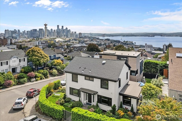 bird's eye view with a water view