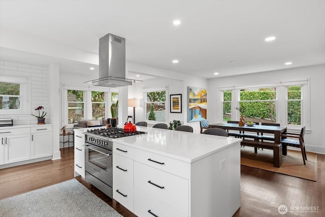 kitchen featuring stainless steel range, island exhaust hood, dark wood-style flooring, and a kitchen island