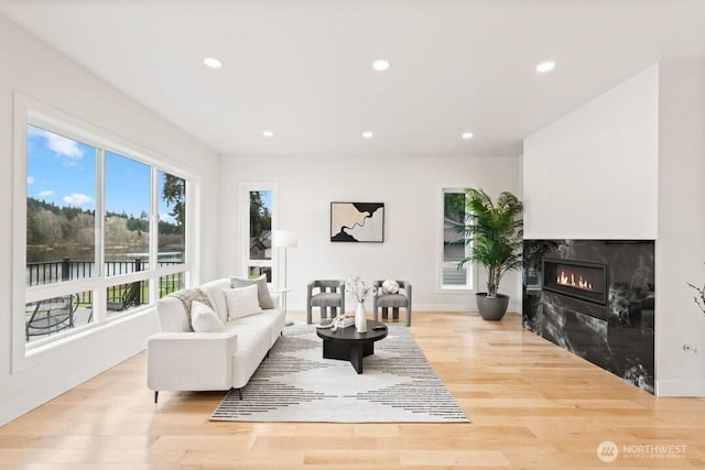 living room featuring recessed lighting, wood finished floors, and a premium fireplace