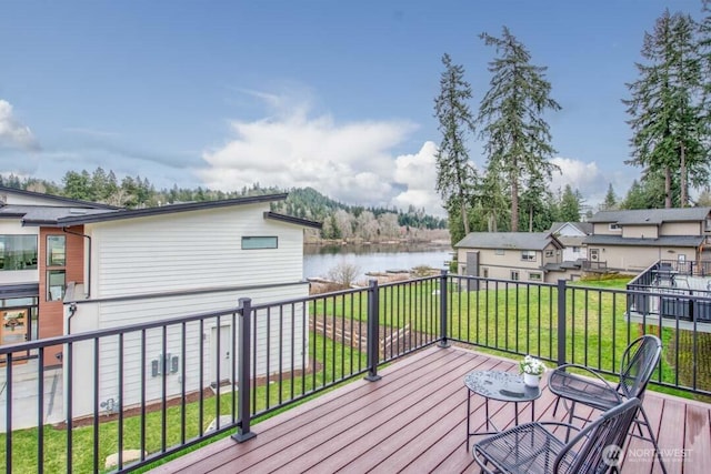 deck featuring a yard and a water view