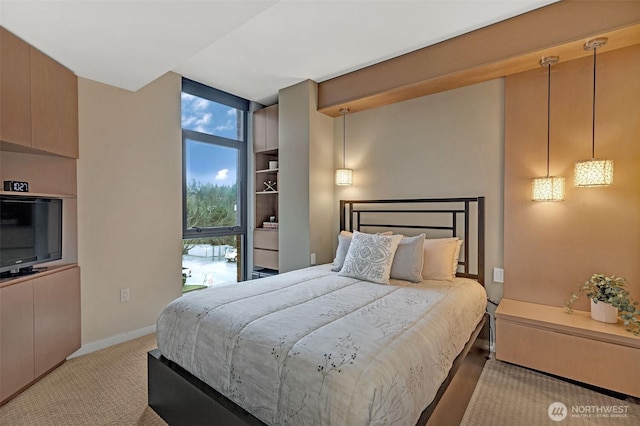 bedroom with floor to ceiling windows, baseboards, and carpet floors