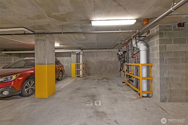 parking deck with concrete block wall