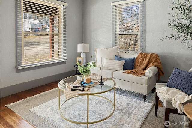 living area featuring baseboards and wood finished floors