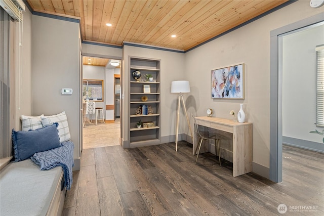office with built in shelves, wood finished floors, recessed lighting, baseboards, and wood ceiling
