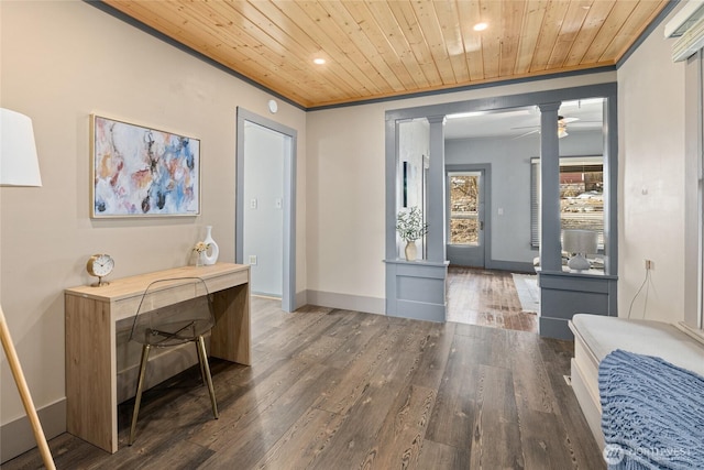office area with wood finished floors, crown molding, baseboards, wood ceiling, and ceiling fan