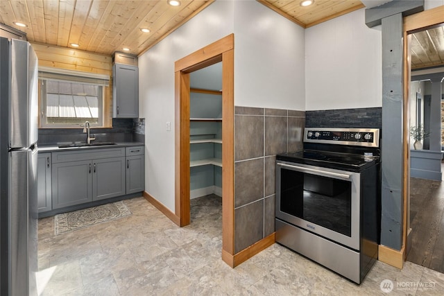 kitchen with a sink, wood ceiling, gray cabinets, and stainless steel appliances