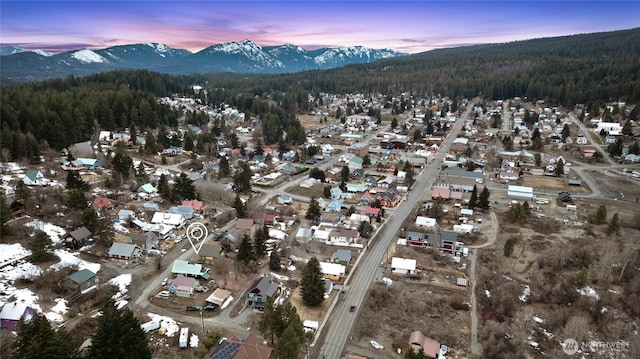 bird's eye view with a wooded view and a mountain view