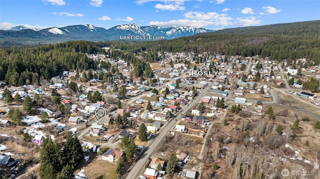 bird's eye view with a mountain view and a wooded view