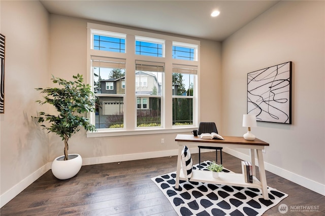 office space featuring recessed lighting, baseboards, and dark wood finished floors