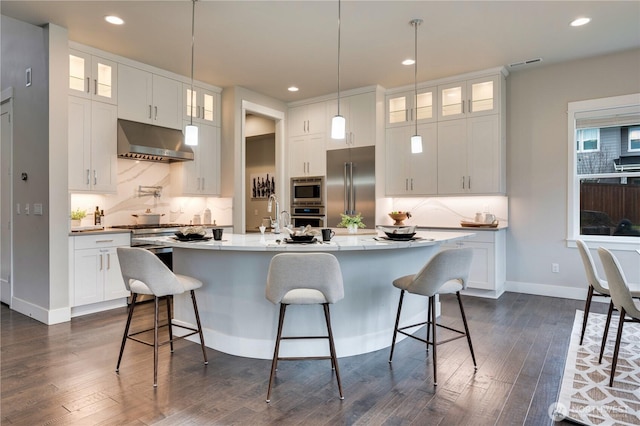 kitchen featuring under cabinet range hood, a kitchen breakfast bar, stainless steel appliances, and dark wood-style flooring