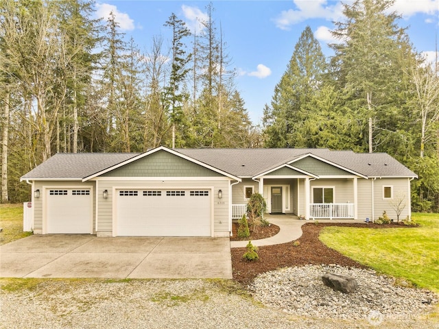 single story home with a front lawn, driveway, a porch, roof with shingles, and an attached garage