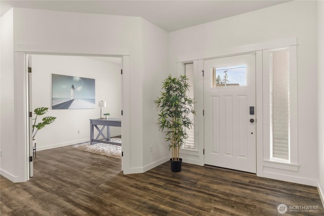 foyer entrance featuring baseboards and dark wood-style flooring