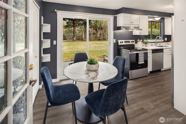 dining area featuring baseboards and dark wood-style flooring