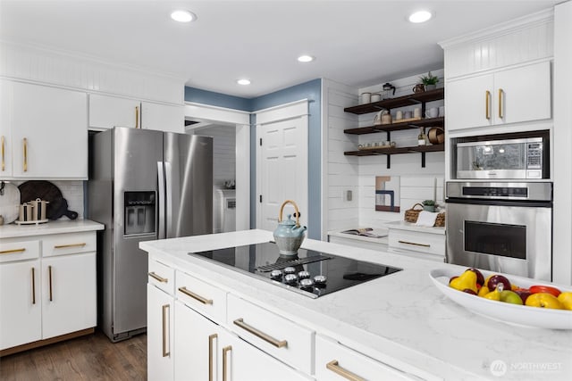 kitchen with open shelves, tasteful backsplash, appliances with stainless steel finishes, and dark wood-style flooring