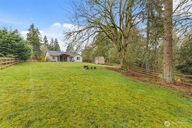 view of yard featuring an outbuilding, a fenced backyard, and a shed